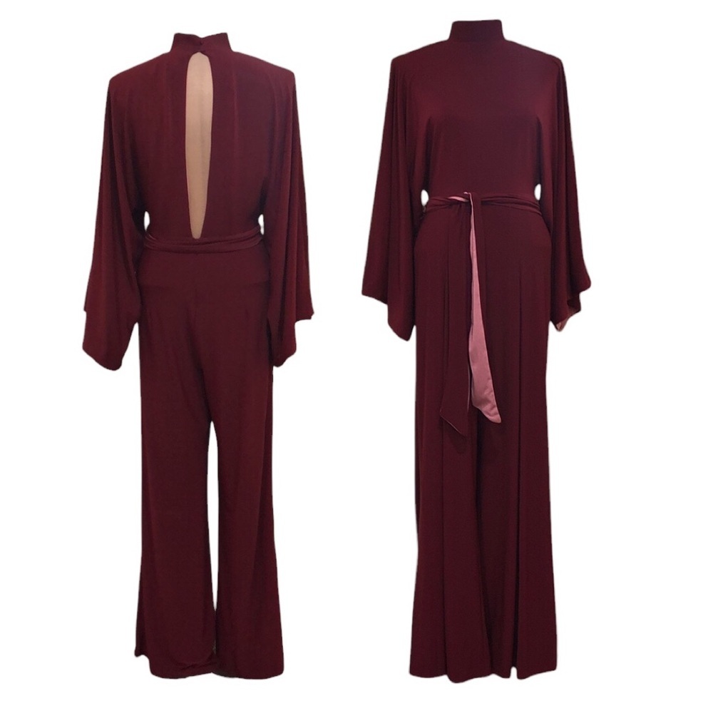 NWT Belle Badgley Mischka Jumpsuit Size 4 Burgundy Red Rose Pink Wide Leg Cutout